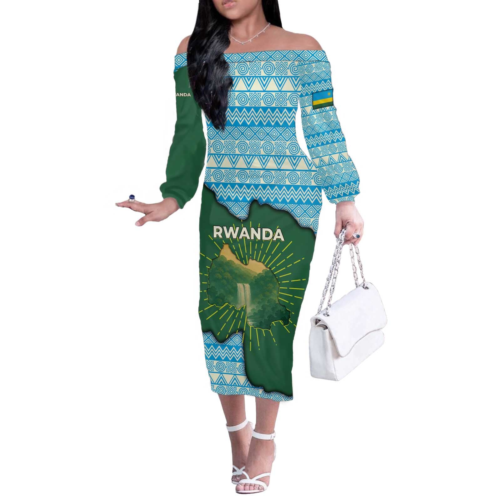 Rwanda Off The Shoulder Long Sleeve Dress with Green Nature Map Waterfall Sunburst Spirit