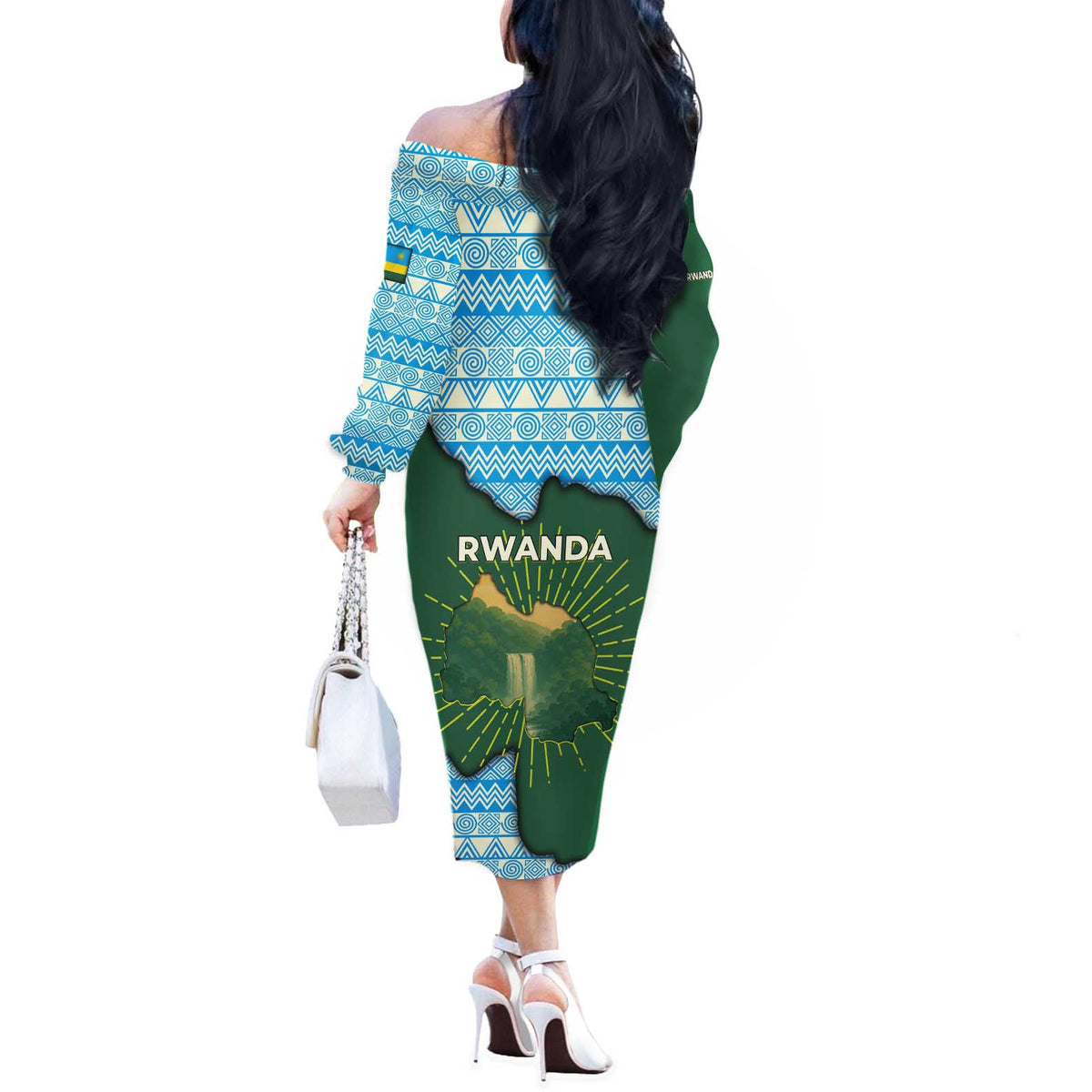 Rwanda Off The Shoulder Long Sleeve Dress with Green Nature Map Waterfall Sunburst Spirit