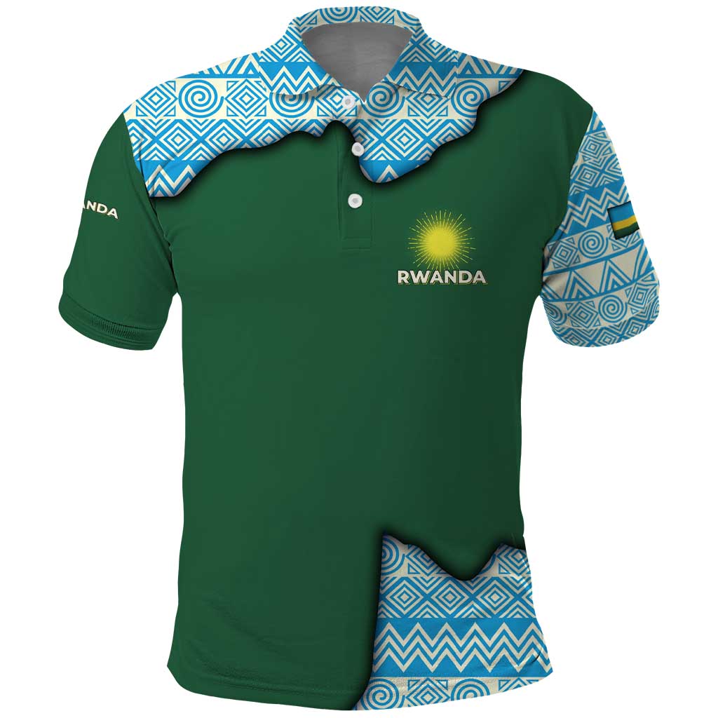 Rwanda Polo Shirt with Green Nature Map Waterfall Sunburst Spirit