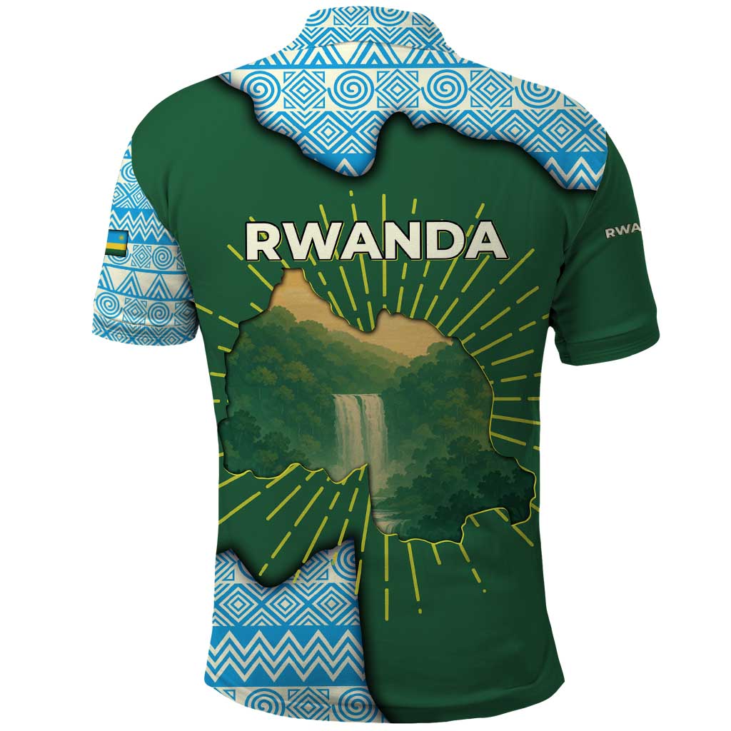 Rwanda Polo Shirt with Green Nature Map Waterfall Sunburst Spirit