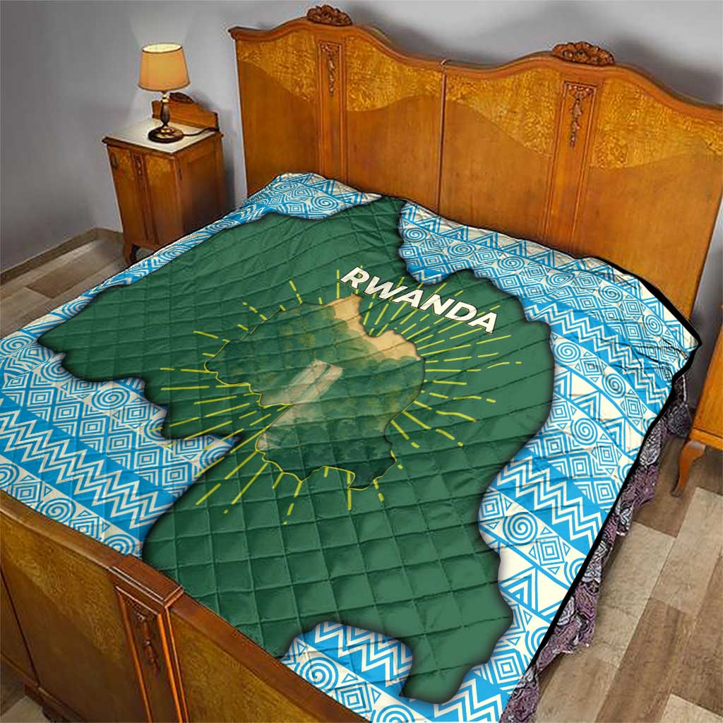 Rwanda Quilt with Green Nature Map Waterfall Sunburst Spirit