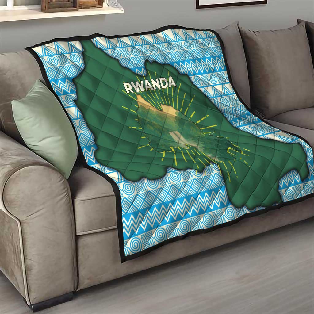 Rwanda Quilt with Green Nature Map Waterfall Sunburst Spirit