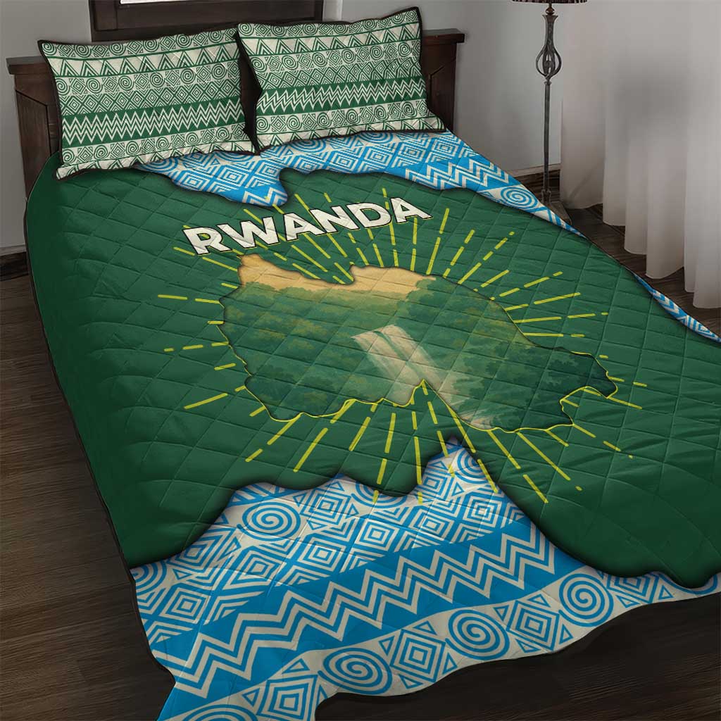 Rwanda Quilt Bed Set with Green Nature Map Waterfall Sunburst Spirit
