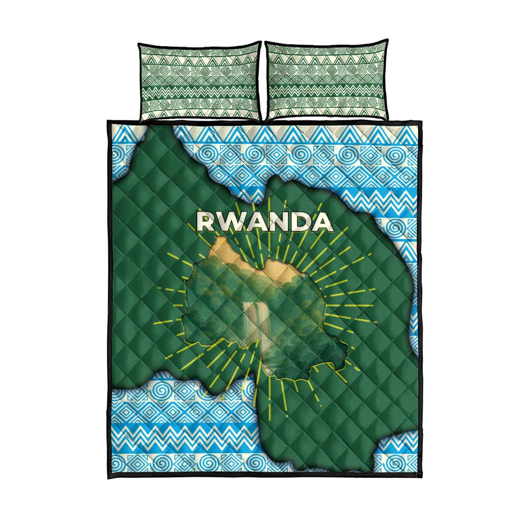 Rwanda Quilt Bed Set with Green Nature Map Waterfall Sunburst Spirit