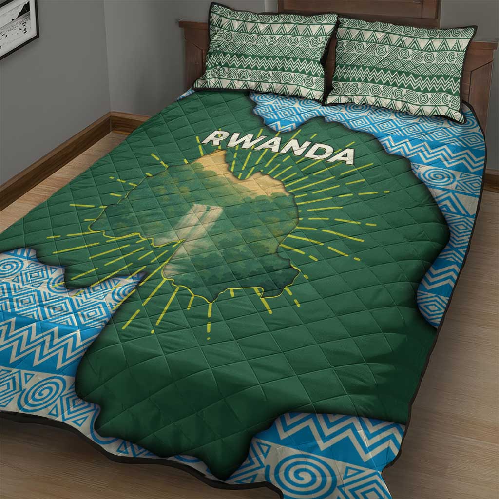 Rwanda Quilt Bed Set with Green Nature Map Waterfall Sunburst Spirit