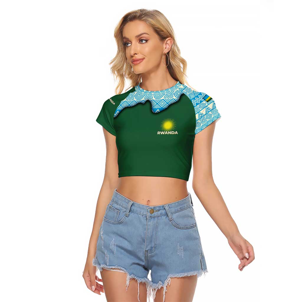 Rwanda Raglan Cropped T Shirt with Green Nature Map Waterfall Sunburst Spirit