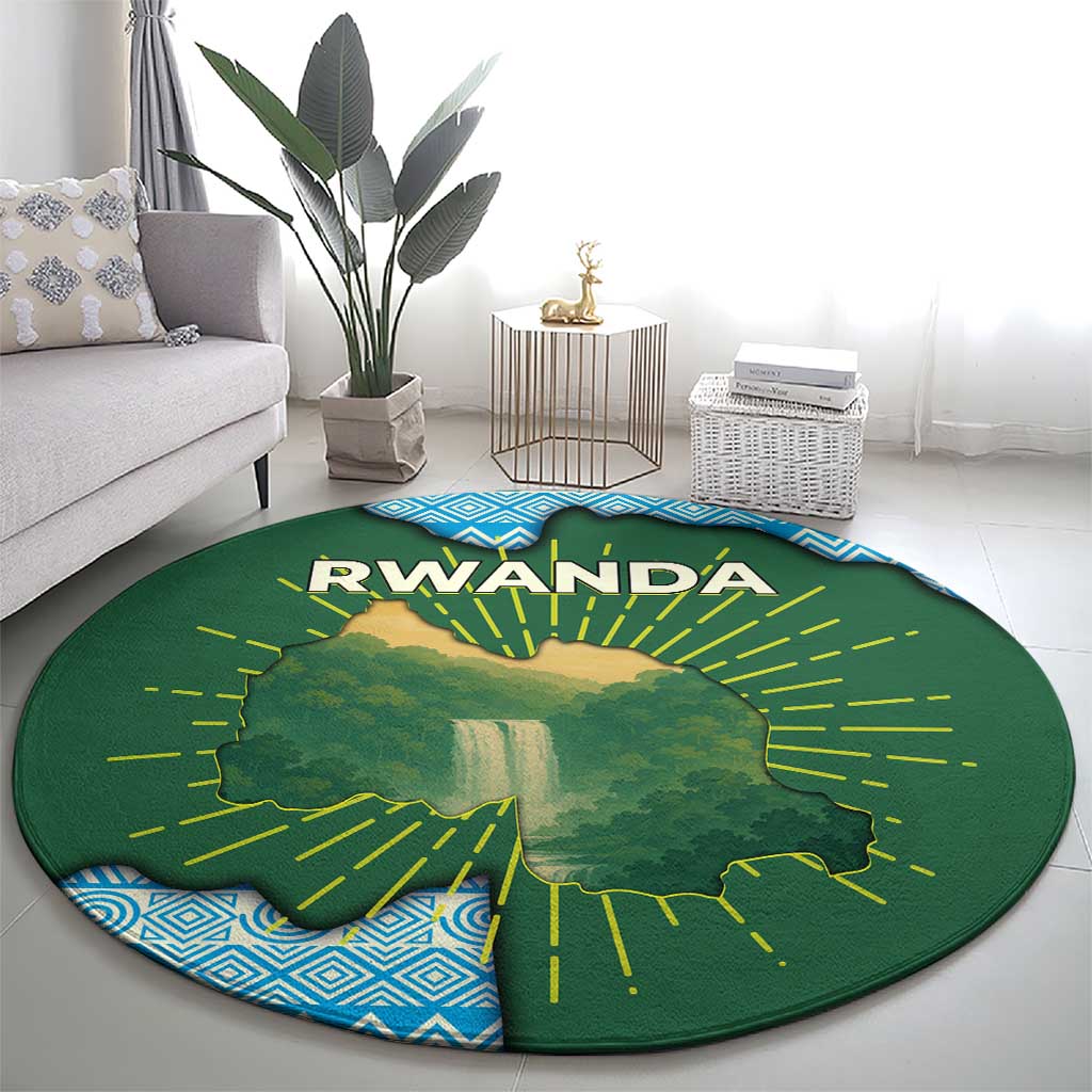 Rwanda Round Carpet with Green Nature Map Waterfall Sunburst Spirit