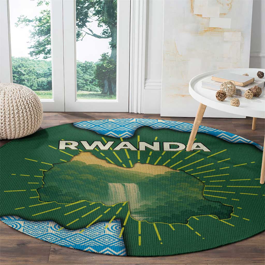 Rwanda Round Carpet with Green Nature Map Waterfall Sunburst Spirit