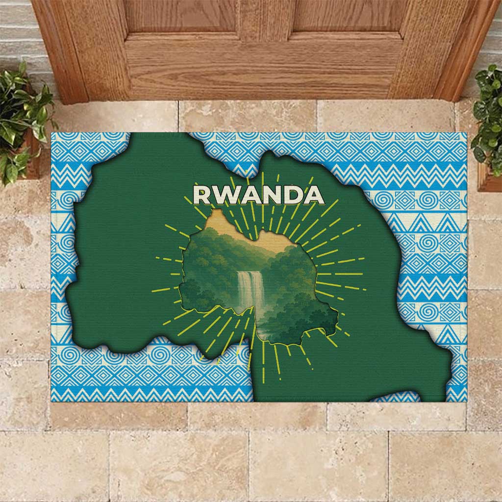 Rwanda Rubber Doormat with Green Nature Map Waterfall Sunburst Spirit