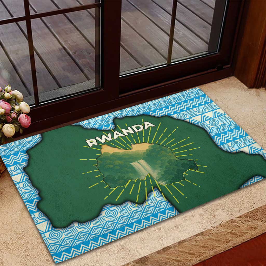 Rwanda Rubber Doormat with Green Nature Map Waterfall Sunburst Spirit