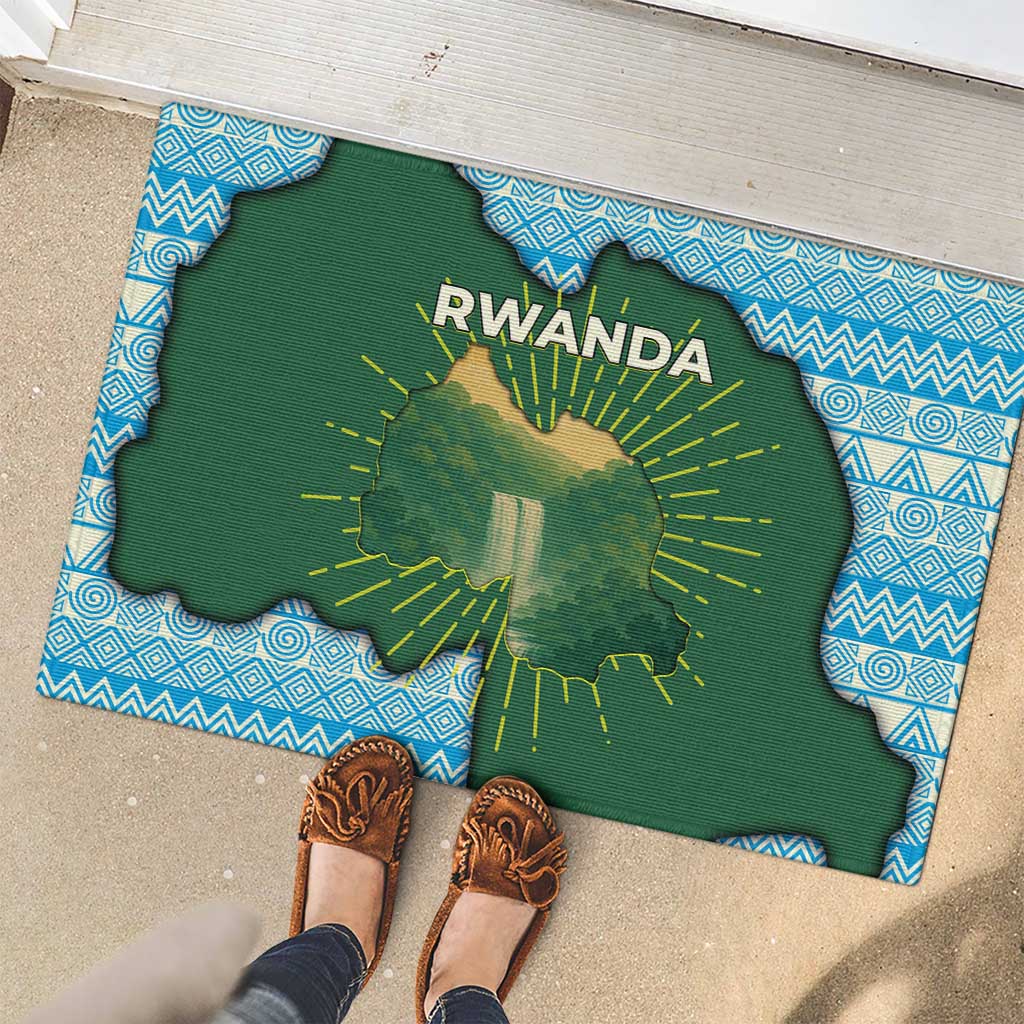 Rwanda Rubber Doormat with Green Nature Map Waterfall Sunburst Spirit