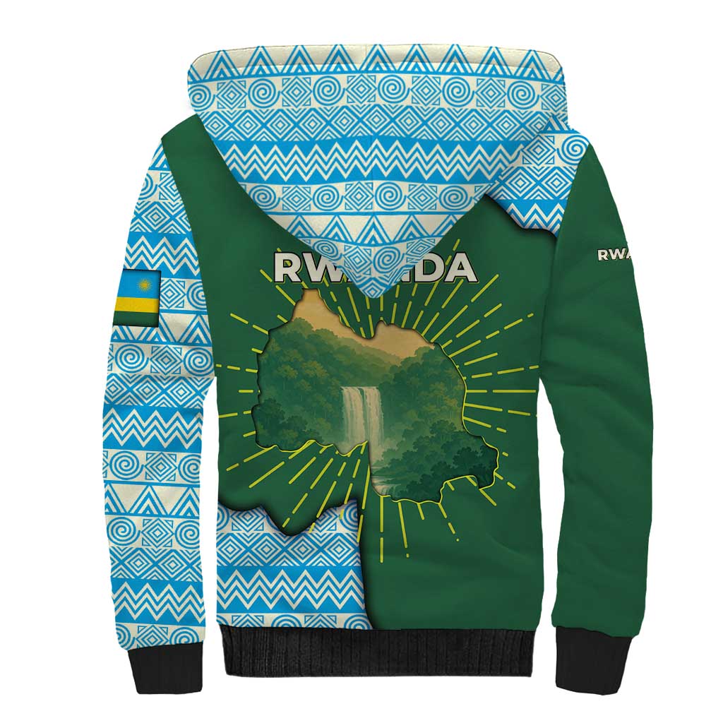 Rwanda Sherpa Hoodie with Green Nature Map Waterfall Sunburst Spirit