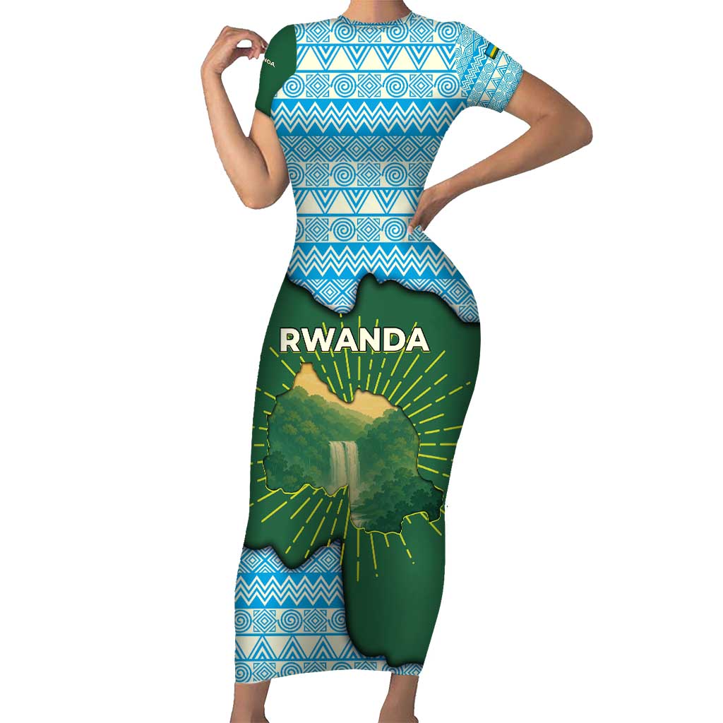 Rwanda Short Sleeve Bodycon Dress with Green Nature Map Waterfall Sunburst Spirit
