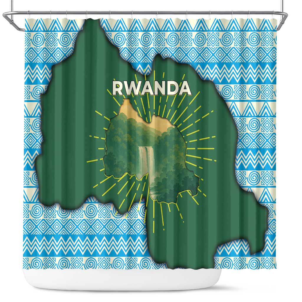 Rwanda Shower Curtain with Green Nature Map Waterfall Sunburst Spirit