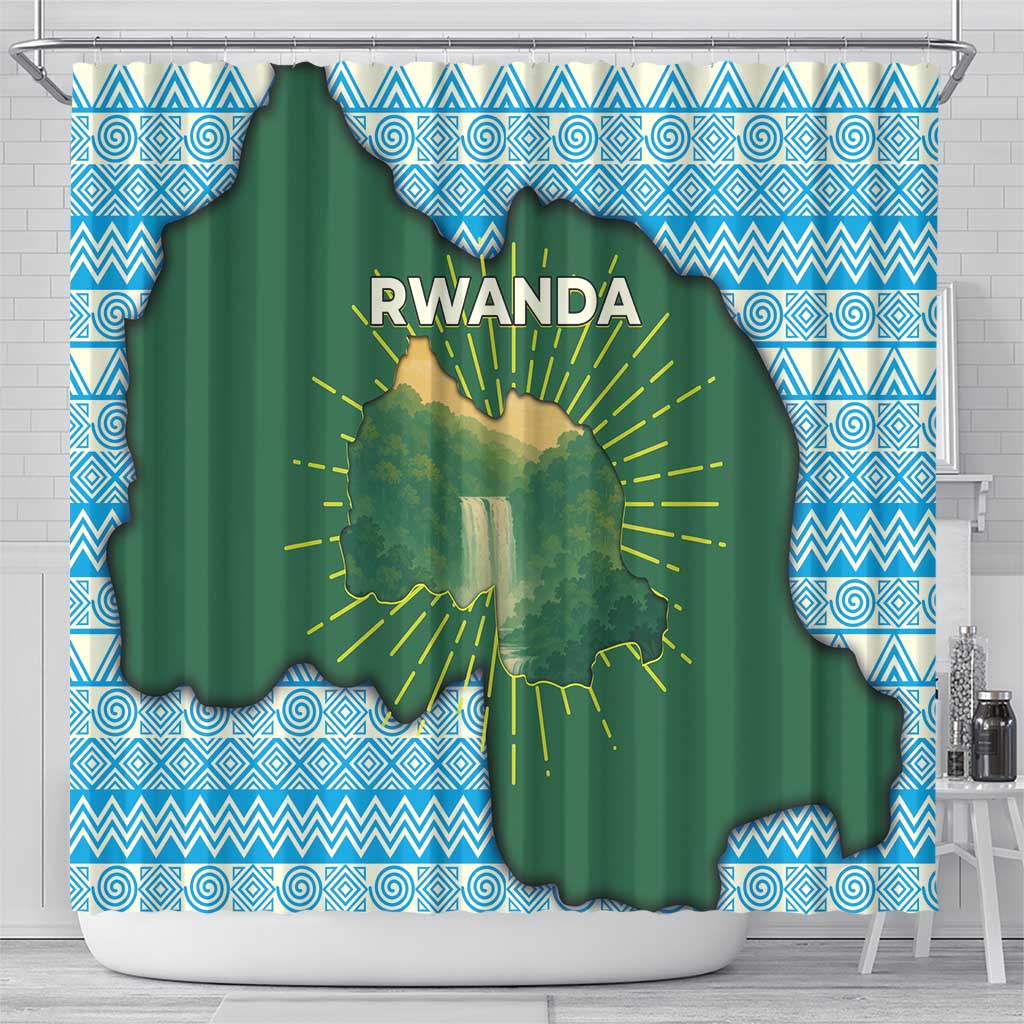 Rwanda Shower Curtain with Green Nature Map Waterfall Sunburst Spirit