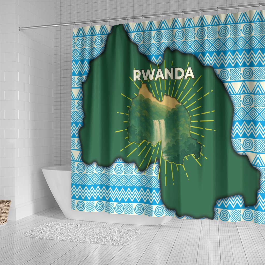 Rwanda Shower Curtain with Green Nature Map Waterfall Sunburst Spirit