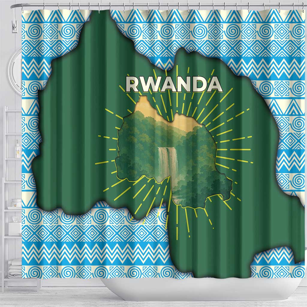 Rwanda Shower Curtain with Green Nature Map Waterfall Sunburst Spirit