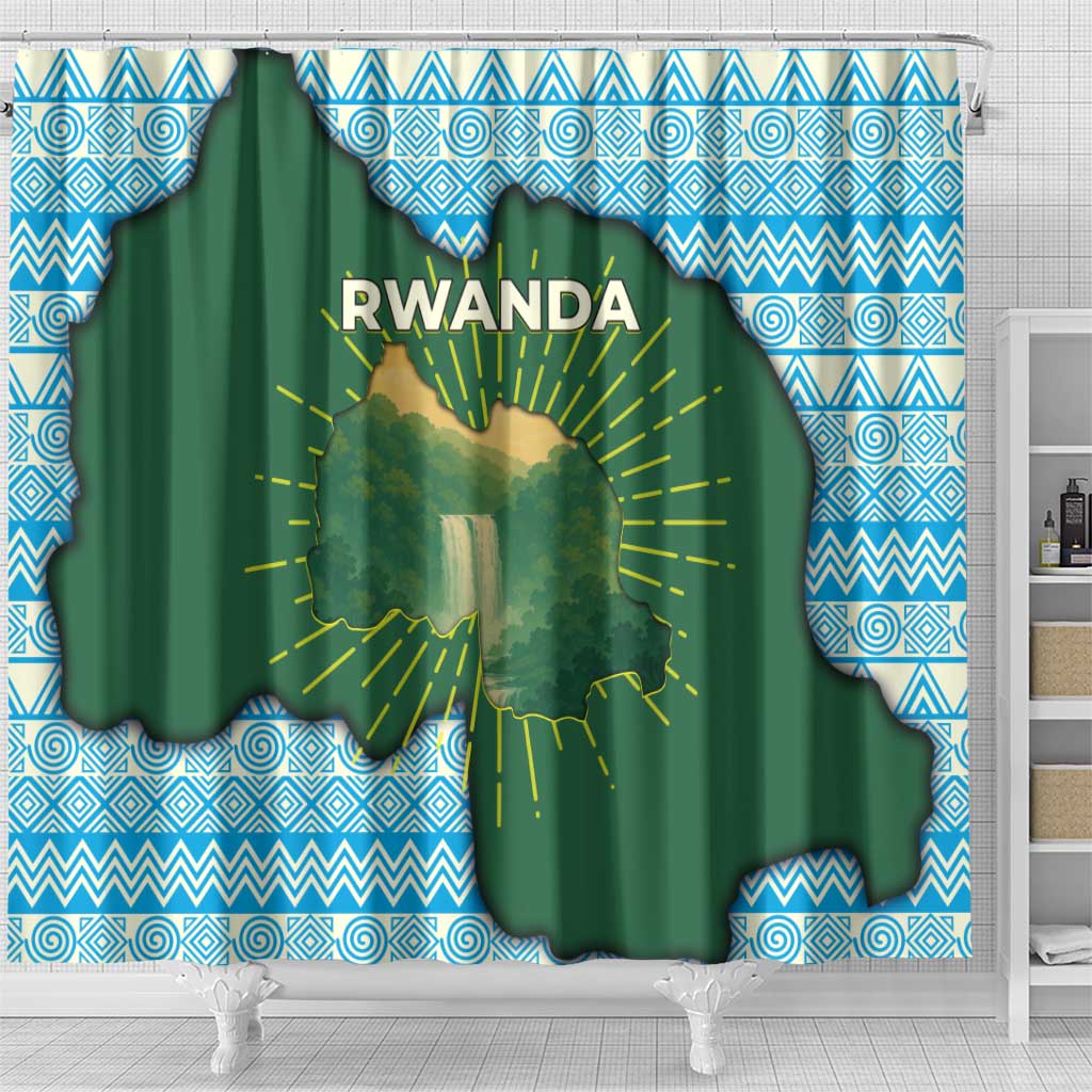 Rwanda Shower Curtain with Green Nature Map Waterfall Sunburst Spirit