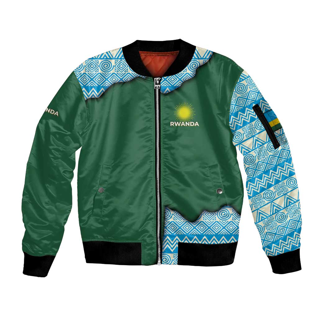 Rwanda Sleeve Zip Bomber Jacket with Green Nature Map Waterfall Sunburst Spirit