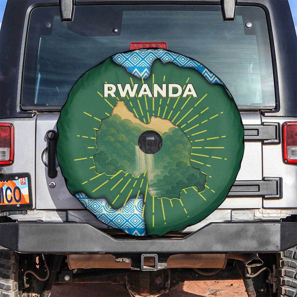 Rwanda Spare Tire Cover with Green Nature Map Waterfall Sunburst Spirit