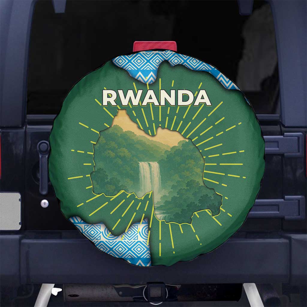 Rwanda Spare Tire Cover with Green Nature Map Waterfall Sunburst Spirit