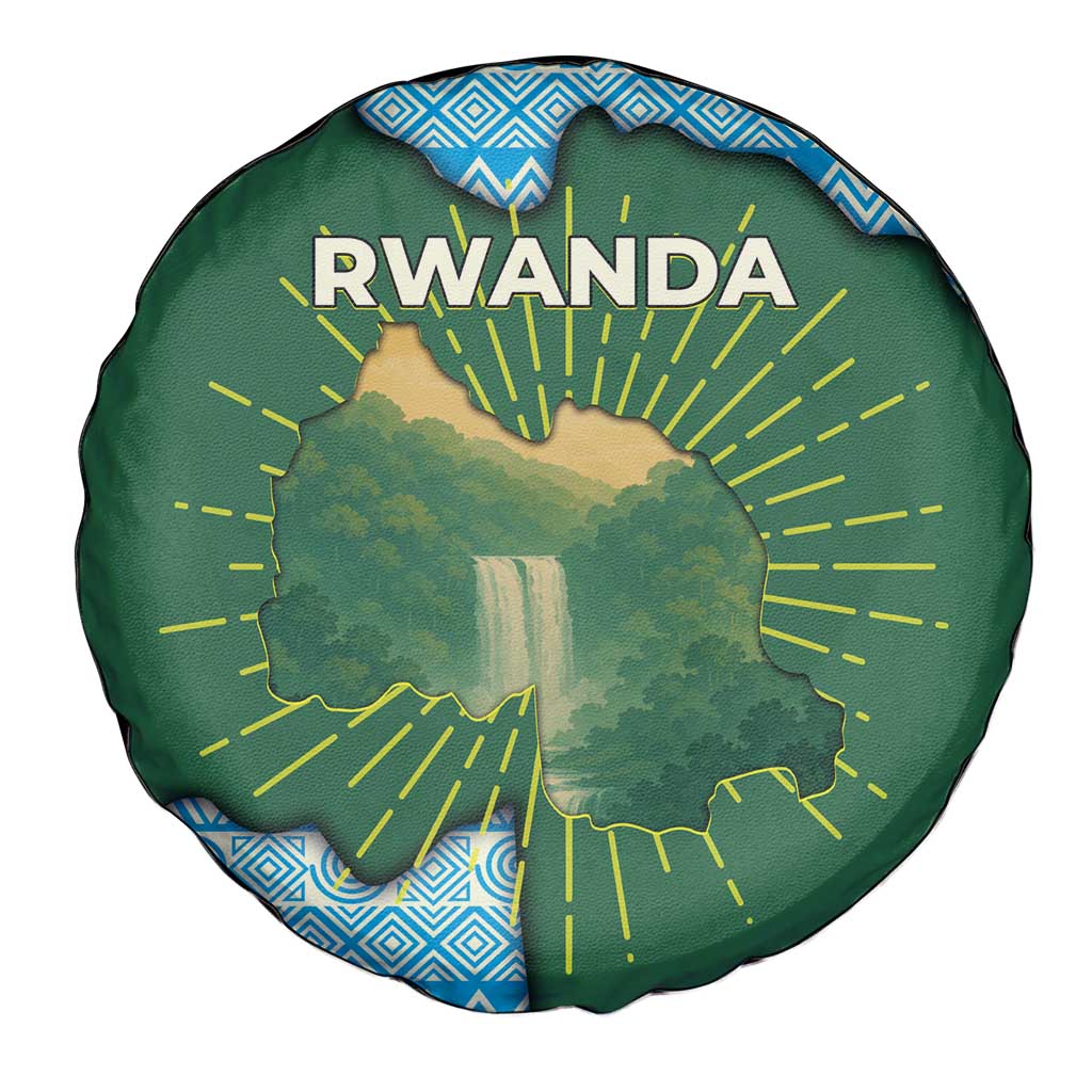 Rwanda Spare Tire Cover with Green Nature Map Waterfall Sunburst Spirit