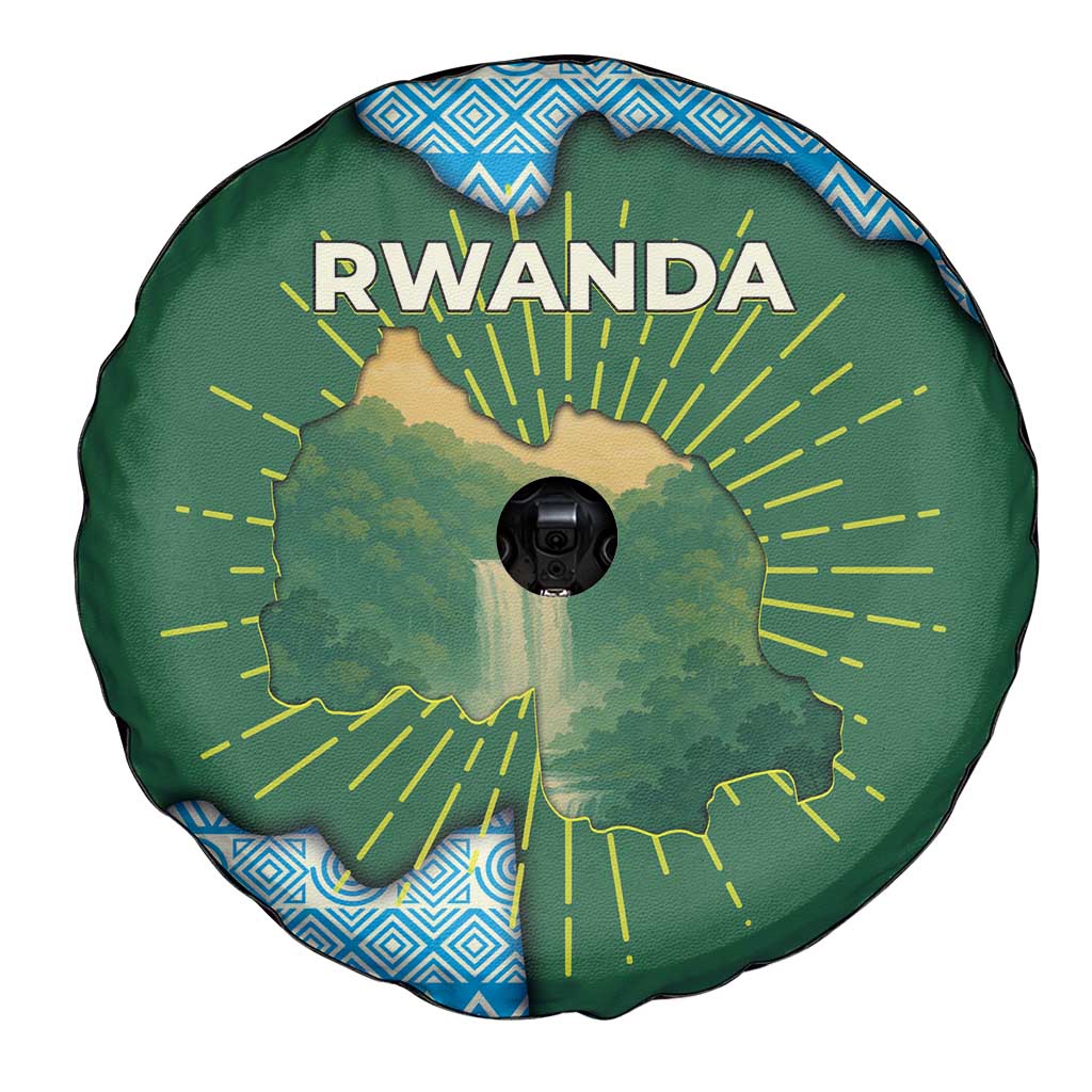 Rwanda Spare Tire Cover with Green Nature Map Waterfall Sunburst Spirit