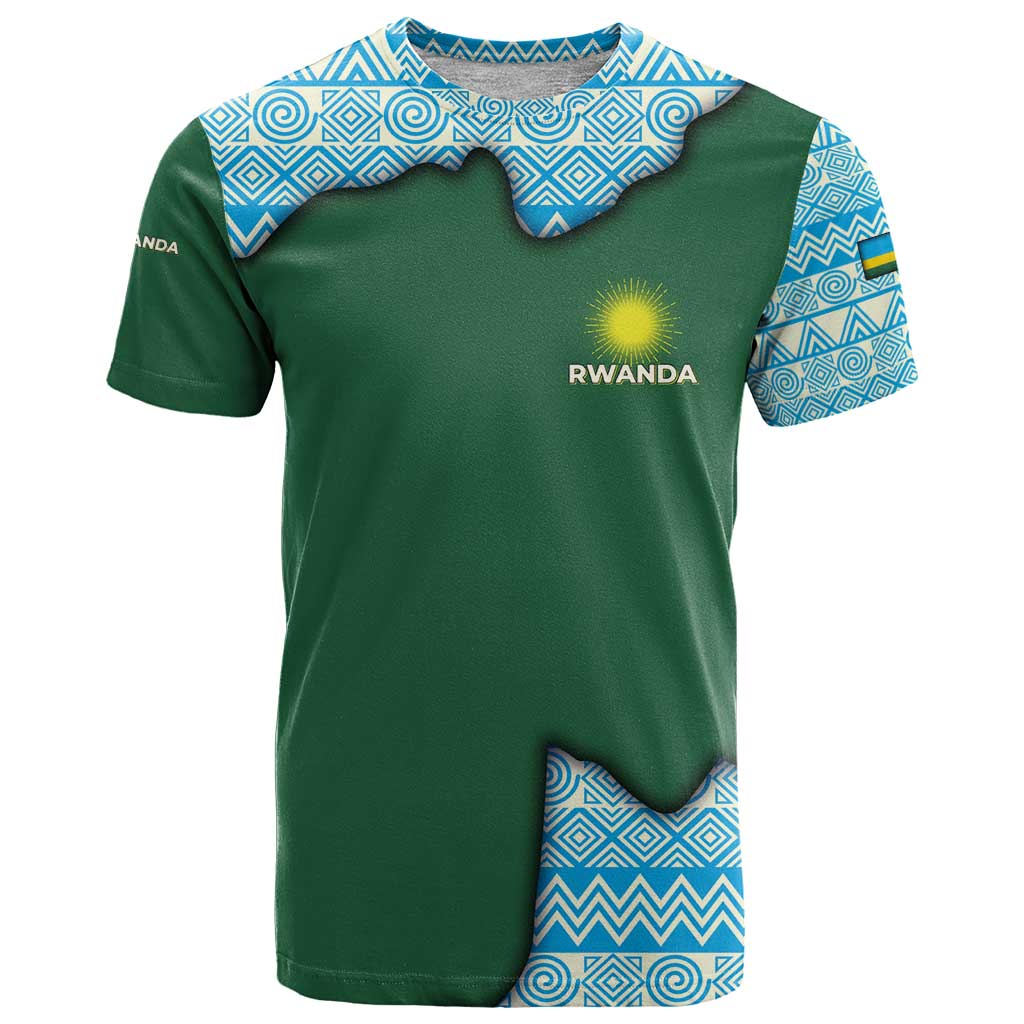 Rwanda T Shirt with Green Nature Map Waterfall Sunburst Spirit