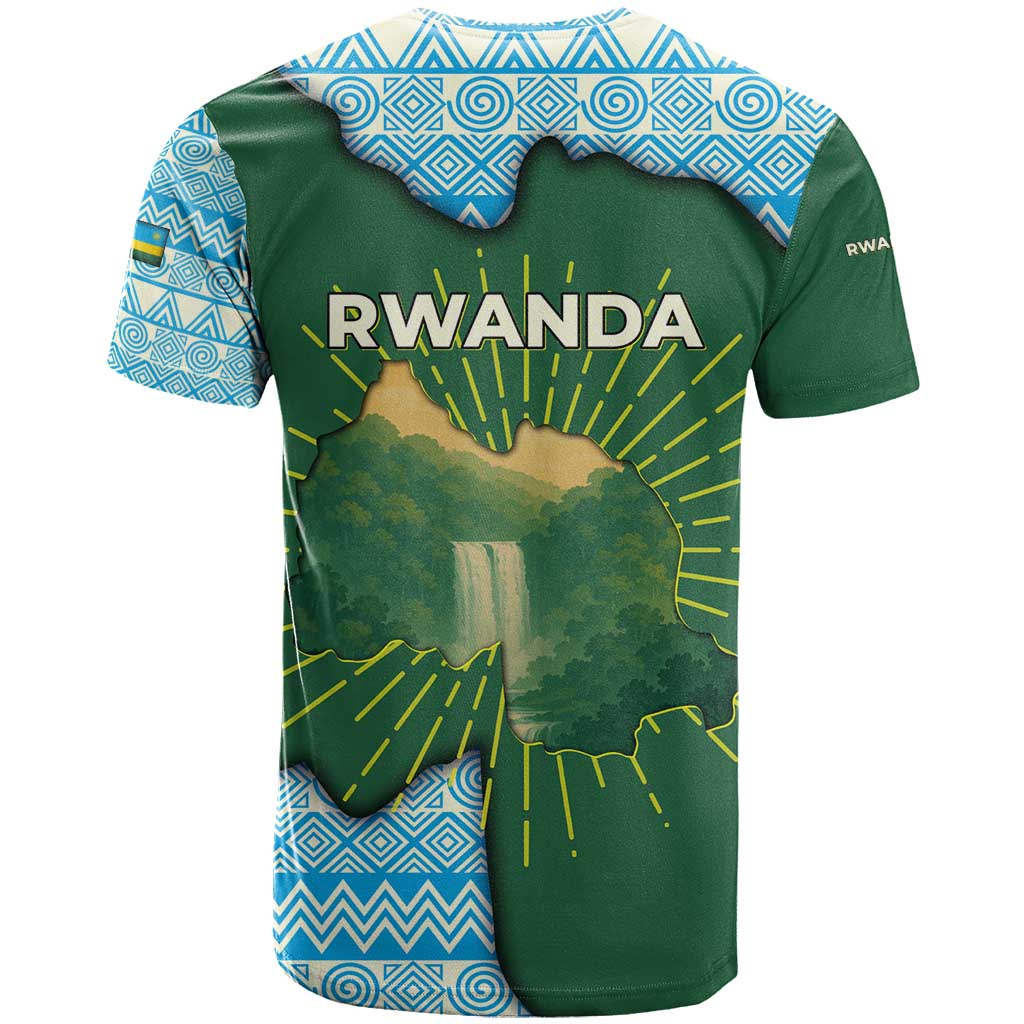 Rwanda T Shirt with Green Nature Map Waterfall Sunburst Spirit