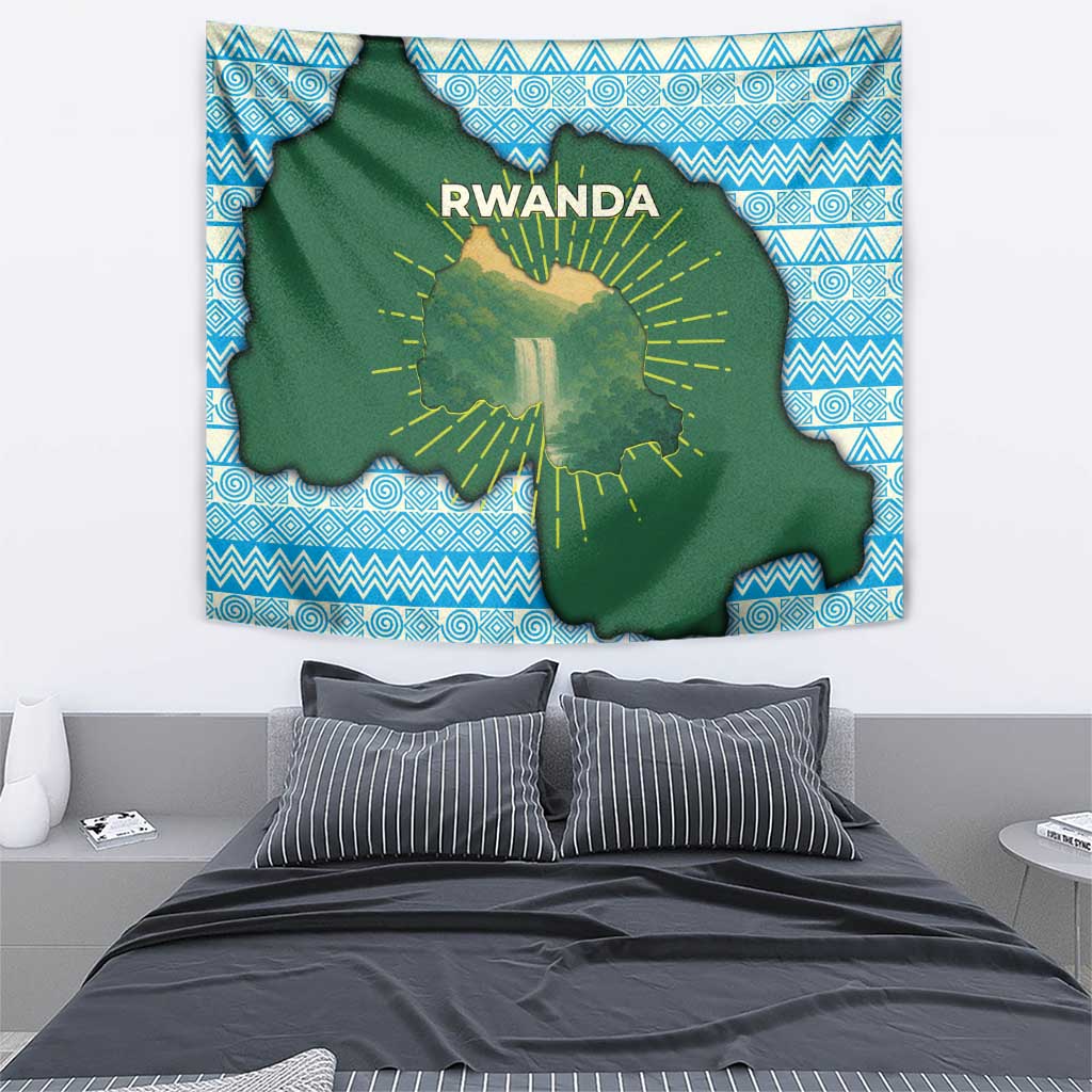 Rwanda Tapestry with Green Nature Map Waterfall Sunburst Spirit
