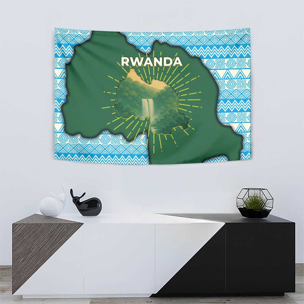 Rwanda Tapestry with Green Nature Map Waterfall Sunburst Spirit