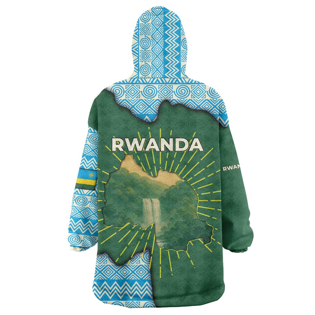 Rwanda Wearable Blanket Hoodie with Green Nature Map Waterfall Sunburst Spirit