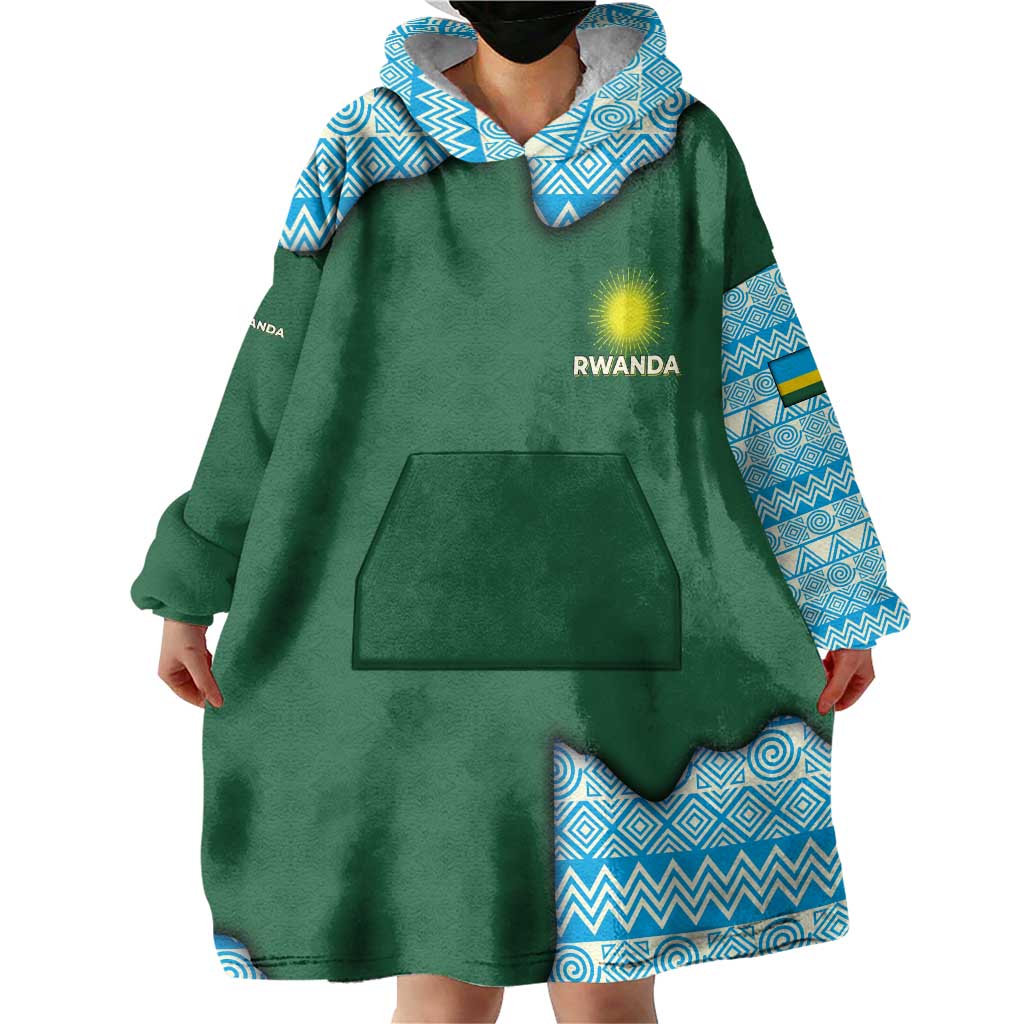 Rwanda Wearable Blanket Hoodie with Green Nature Map Waterfall Sunburst Spirit