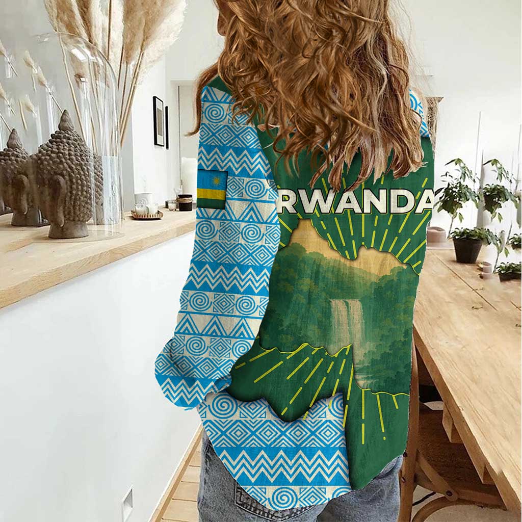 Rwanda Women Casual Shirt with Green Nature Map Waterfall Sunburst Spirit