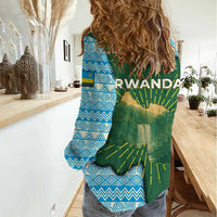 Rwanda Women Casual Shirt with Green Nature Map Waterfall Sunburst Spirit