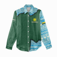 Rwanda Women Casual Shirt with Green Nature Map Waterfall Sunburst Spirit