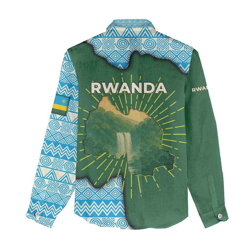 Rwanda Women Casual Shirt with Green Nature Map Waterfall Sunburst Spirit