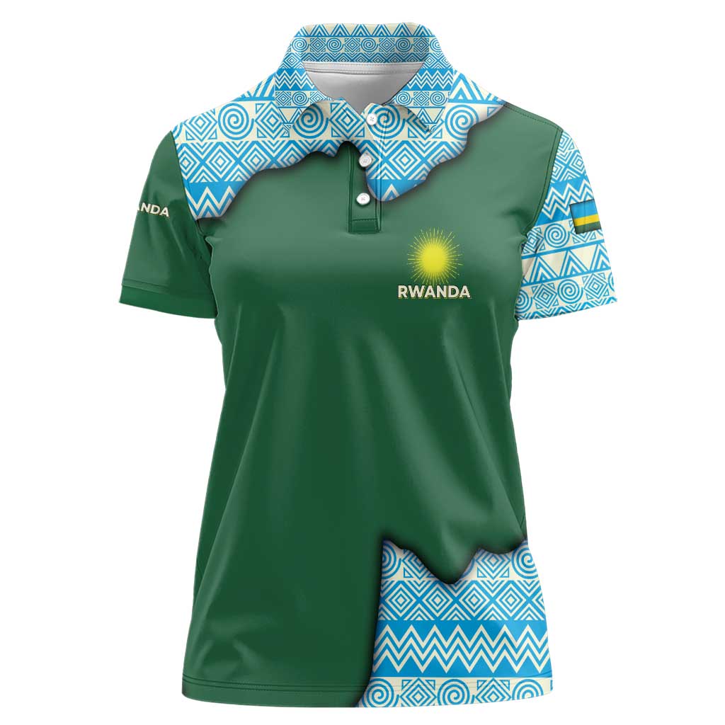 Rwanda Women Polo Shirt with Green Nature Map Waterfall Sunburst Spirit