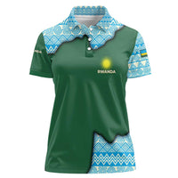 Rwanda Women Polo Shirt with Green Nature Map Waterfall Sunburst Spirit