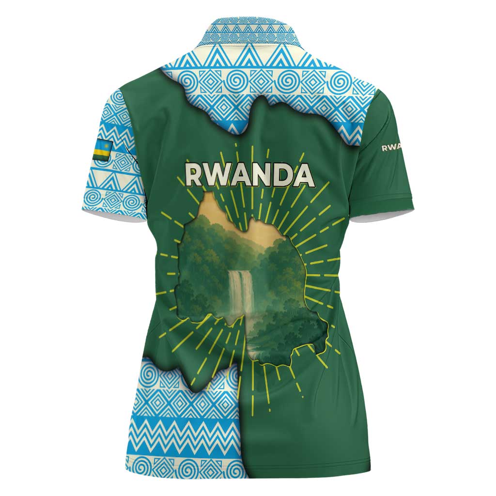 Rwanda Women Polo Shirt with Green Nature Map Waterfall Sunburst Spirit