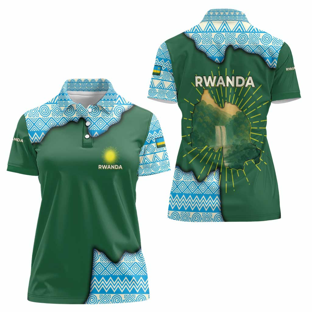 Rwanda Women Polo Shirt with Green Nature Map Waterfall Sunburst Spirit