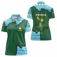 Rwanda Women Polo Shirt with Green Nature Map Waterfall Sunburst Spirit