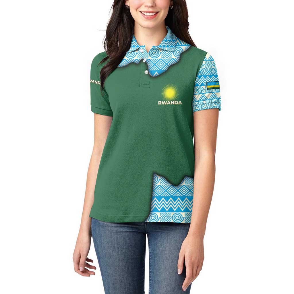 Rwanda Women Polo Shirt with Green Nature Map Waterfall Sunburst Spirit