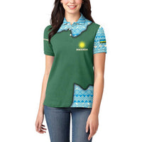Rwanda Women Polo Shirt with Green Nature Map Waterfall Sunburst Spirit