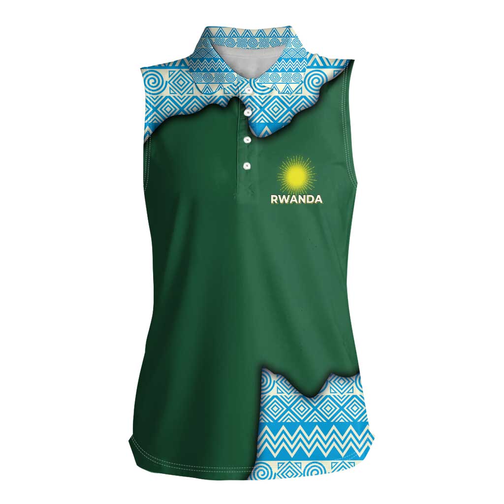 Rwanda Women Sleeveless Polo Shirt with Green Nature Map Waterfall Sunburst Spirit