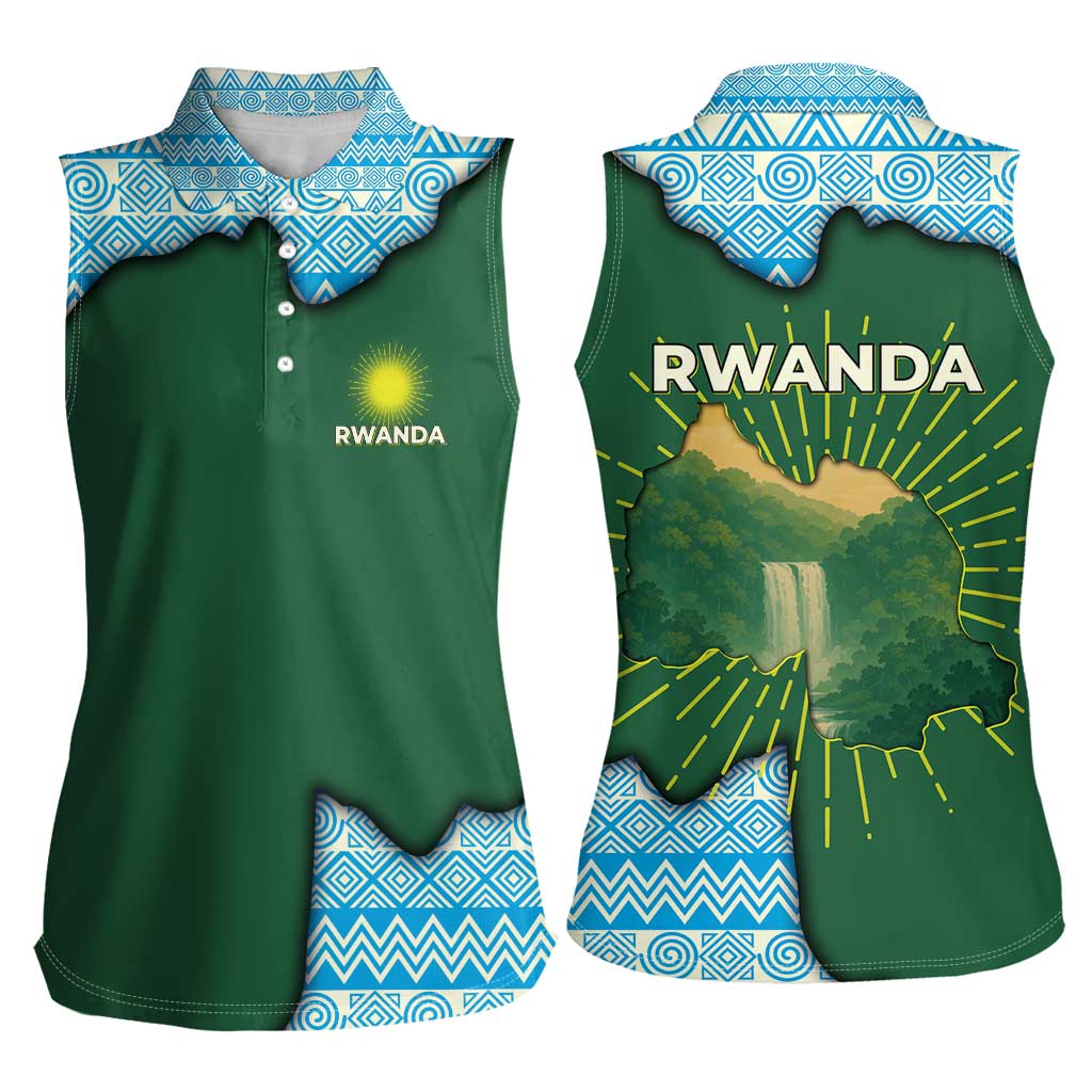 Rwanda Women Sleeveless Polo Shirt with Green Nature Map Waterfall Sunburst Spirit