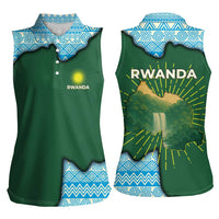 Rwanda Women Sleeveless Polo Shirt with Green Nature Map Waterfall Sunburst Spirit