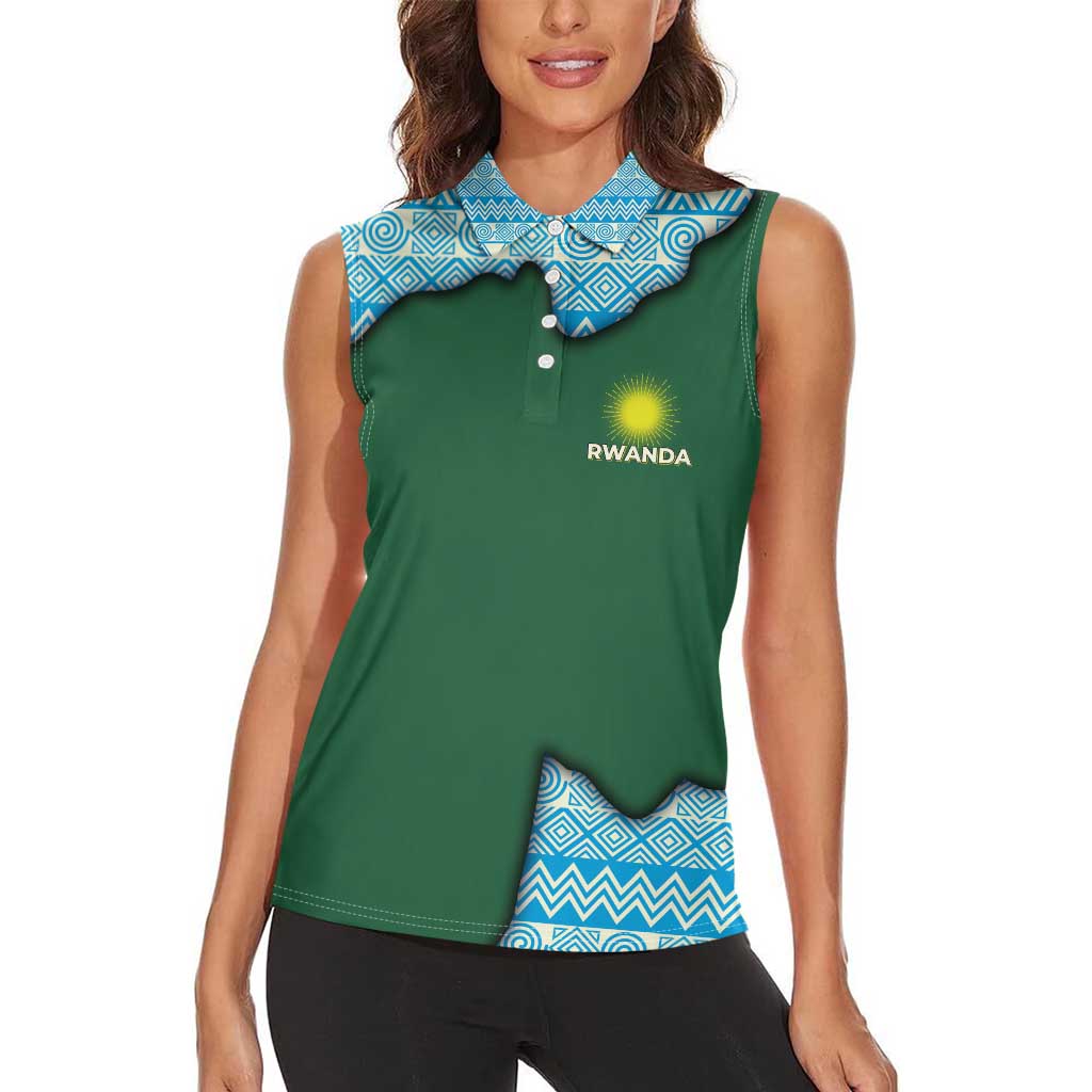 Rwanda Women Sleeveless Polo Shirt with Green Nature Map Waterfall Sunburst Spirit