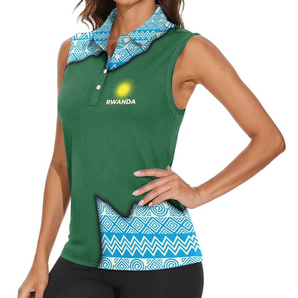 Rwanda Women Sleeveless Polo Shirt with Green Nature Map Waterfall Sunburst Spirit