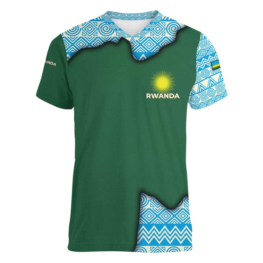 Rwanda Women V-Neck T-Shirt with Green Nature Map Waterfall Sunburst Spirit